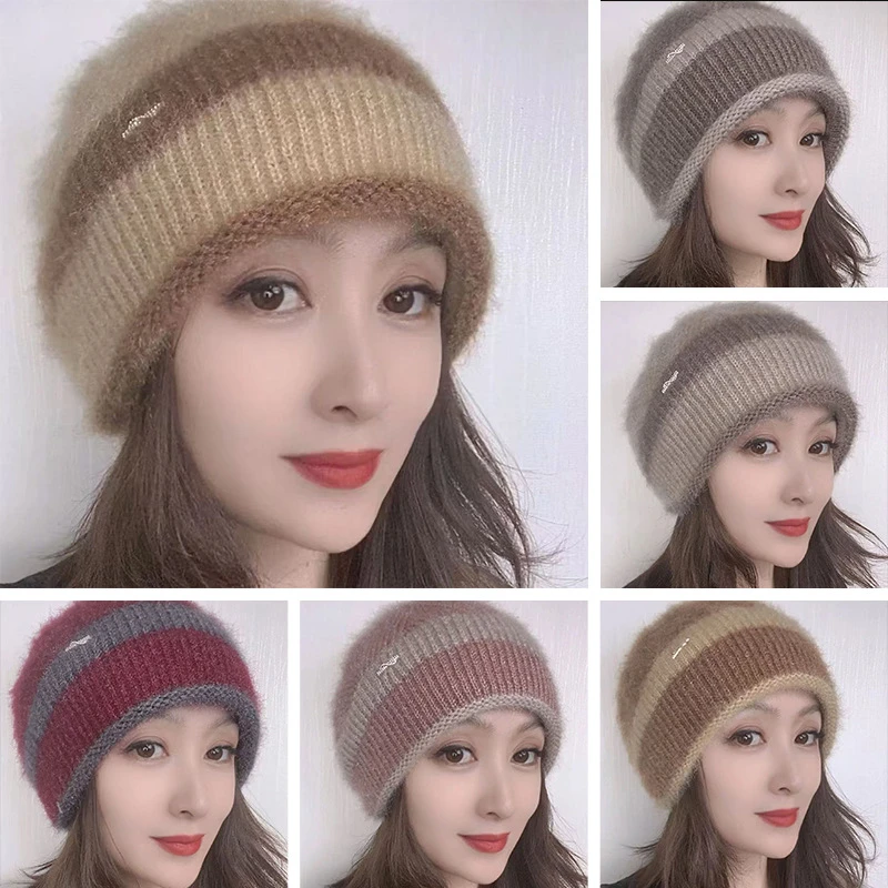 女帽针织时尚撞色条纹贝雷女帽双层加厚保暖舒适柔软帽子