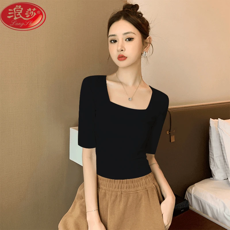 LANSWE/浪莎黑色方领中袖螺纹T恤2025秋季新款修身显瘦简约小