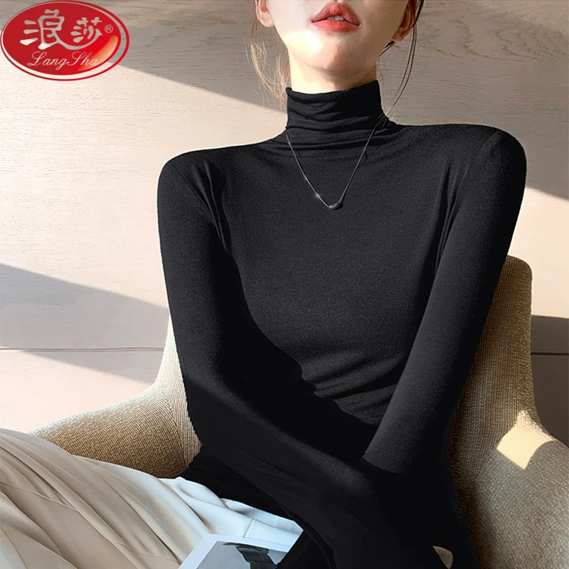 浪莎艾格黑色高领莫代尔打底衫女内搭早春春秋季紧身2025新款长袖