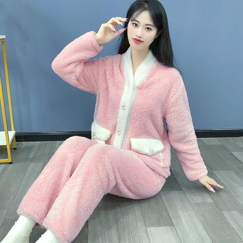 睡衣女士秋冬保暖法兰绒加绒加厚2025新款可外穿休闲家居服Y138