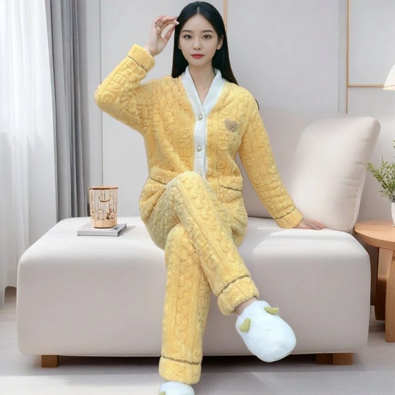 睡衣女冬2025新款加绒加厚法兰绒毛绒保暖可外穿家居服套装Y147