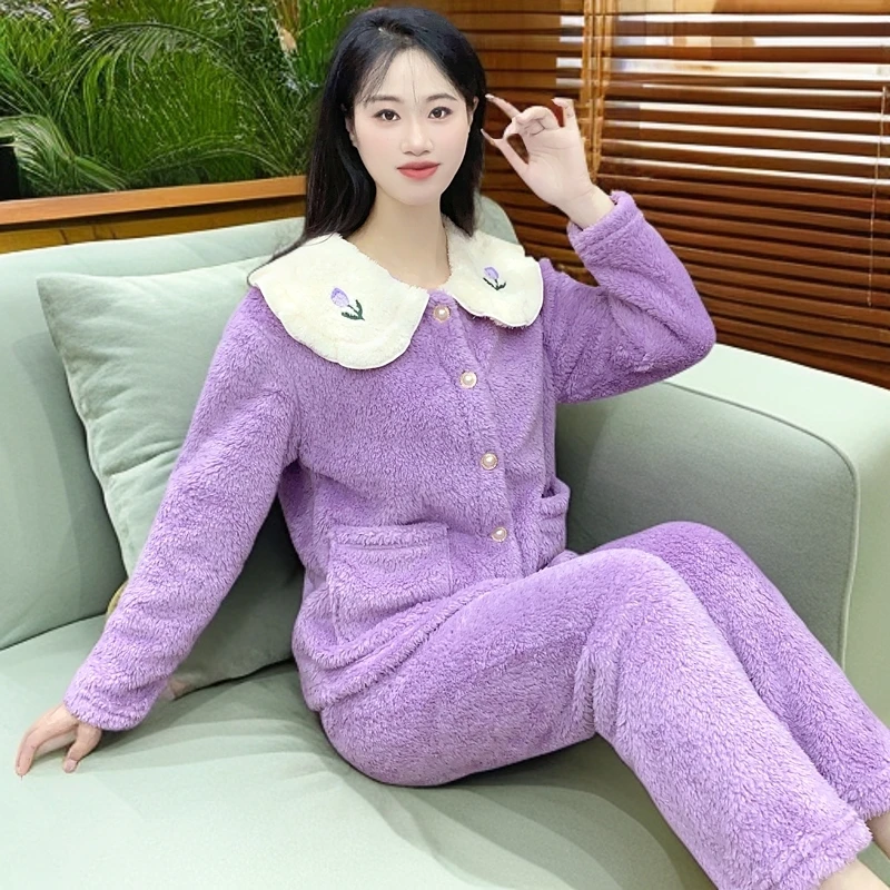 毛绒厚睡衣秋冬款女法兰绒珊瑚绒女士加绒牛奶绒可外穿家居服Y142