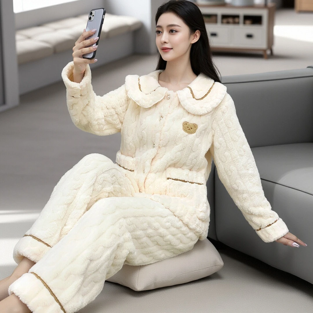 冬季睡衣女法兰绒加厚宽松韩版柔软亲肤可外穿家居服套装【Y91】