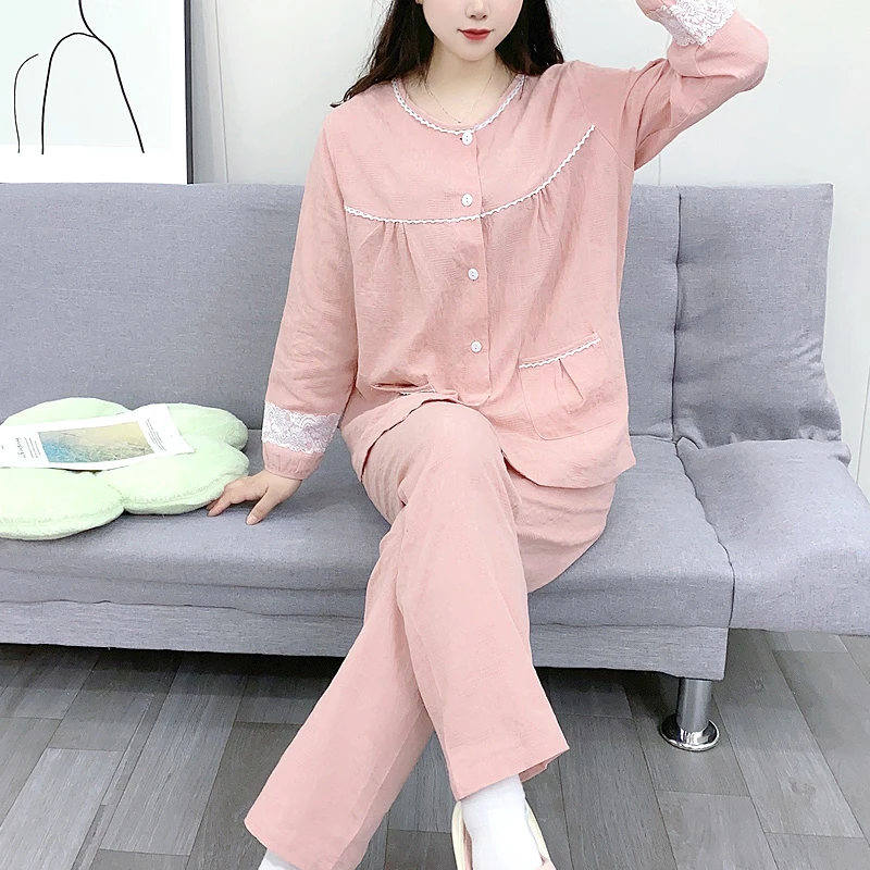 睡衣女纯棉春夏季2023新款长袖薄款蕾丝可外穿洋气网红家居服套装