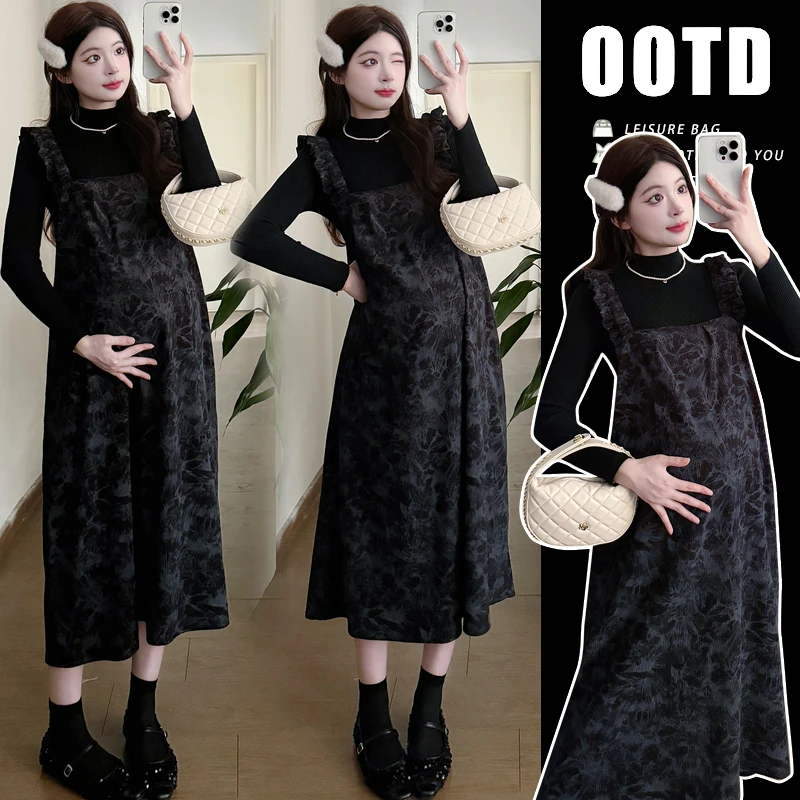 【苏安诺】孕妇装秋冬款洋气扎染背带连衣裙+打底上衣减龄两件套