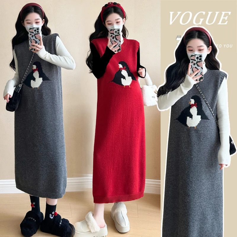 【苏安诺】孕妇装秋冬款时尚卡通减龄背心裙+上衣韩版加厚连衣裙