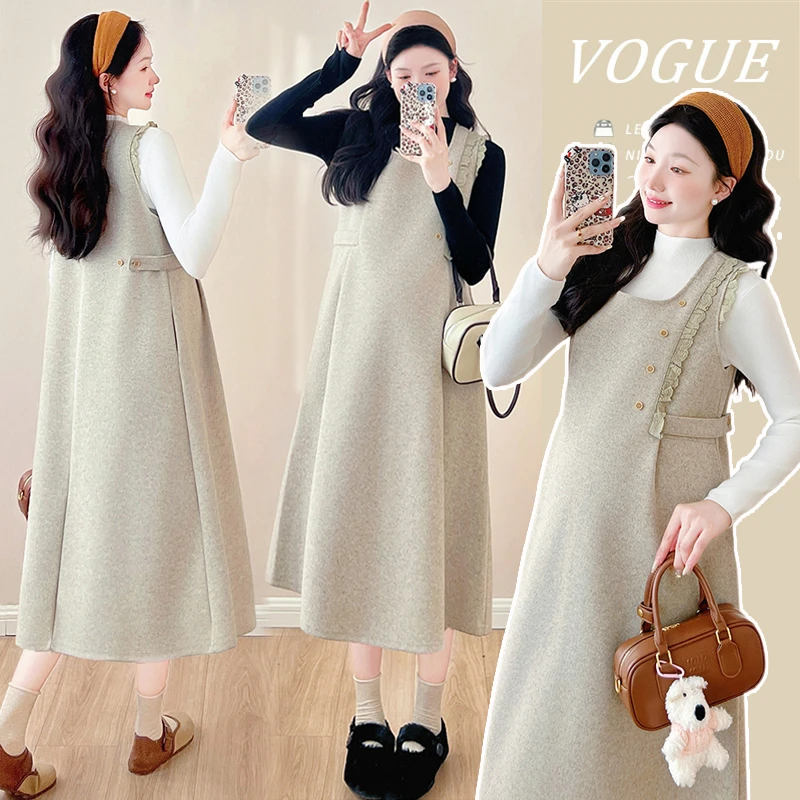 【苏安诺】孕妇装秋冬新款设计感减龄两件套春秋气质显瘦背心连衣裙