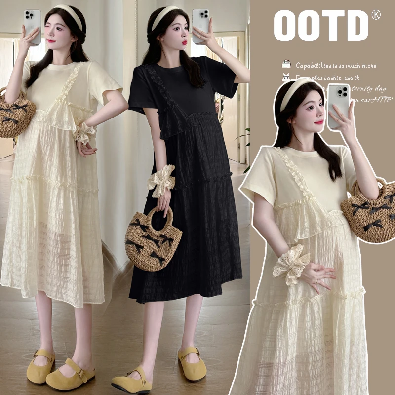 【苏安诺】孕妇装2024夏季新款气质法式时尚假两件连衣裙宽松中长款