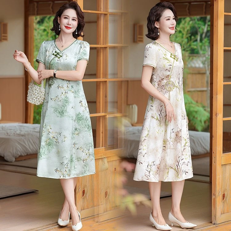 中国风气质妈妈夏装国风中长款旗袍裙中年女高贵连衣裙中印花裙