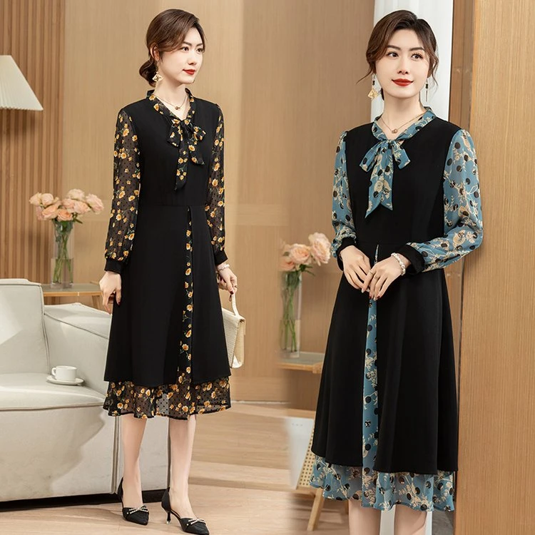 气质中年妈妈装春秋新款连衣裙秋季收腰中老年女装中长款春款裙子