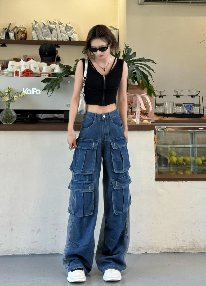 SOOM夏季百搭时尚美式多口袋街头潮流宽松个性工装牛仔裤C10212