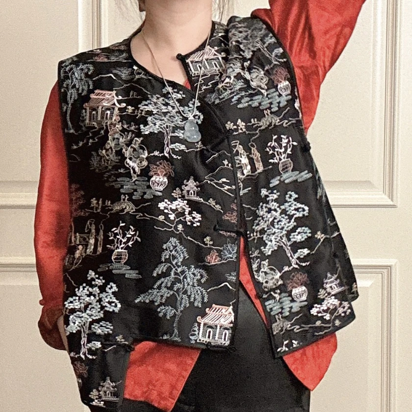 黑色香云纱/真丝刺绣马甲中国风新中式