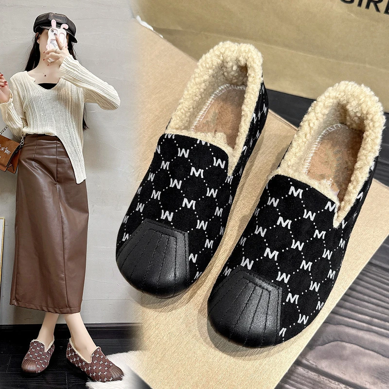 秋冬季加绒豆豆鞋加厚百搭时尚一脚蹬棉鞋平底休闲防滑毛毛鞋女士