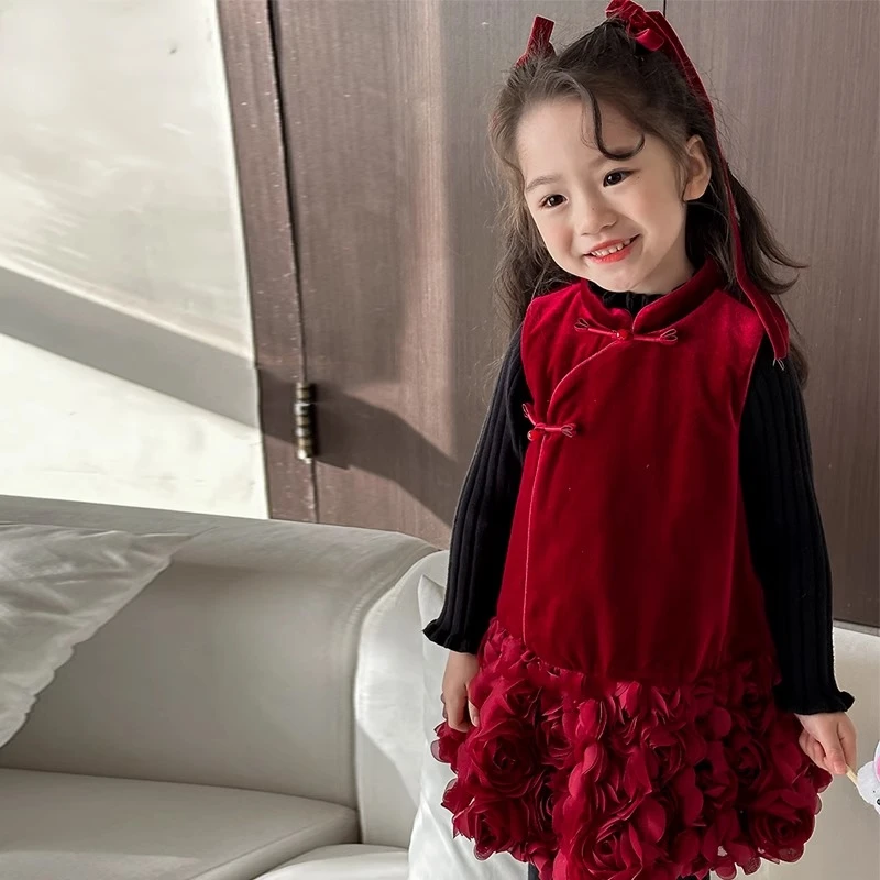 女童连衣裙秋冬款2025新款爆款公主裙红色中国风洋气裙子拜年服