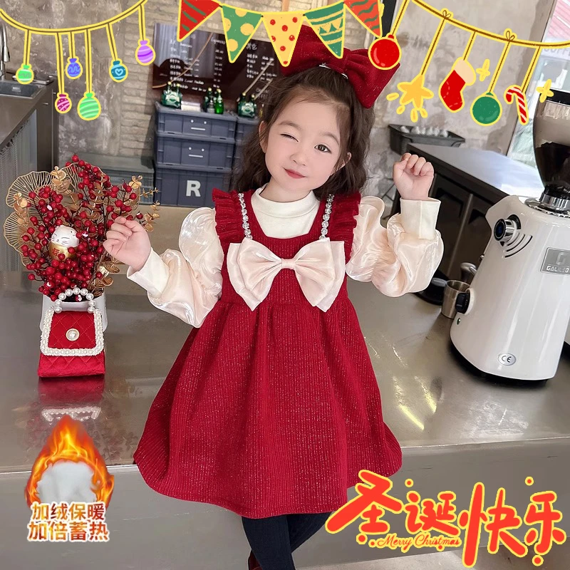 女童加绒连衣裙冬款拜年服儿童洋气红色两件套女宝宝中国风公主裙