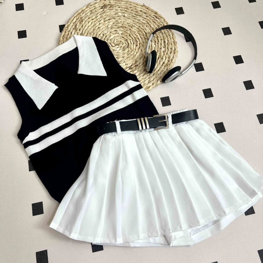 女童夏季套装时尚百褶裙黑白上衣两件套儿童夏装套装洋气韩版童装