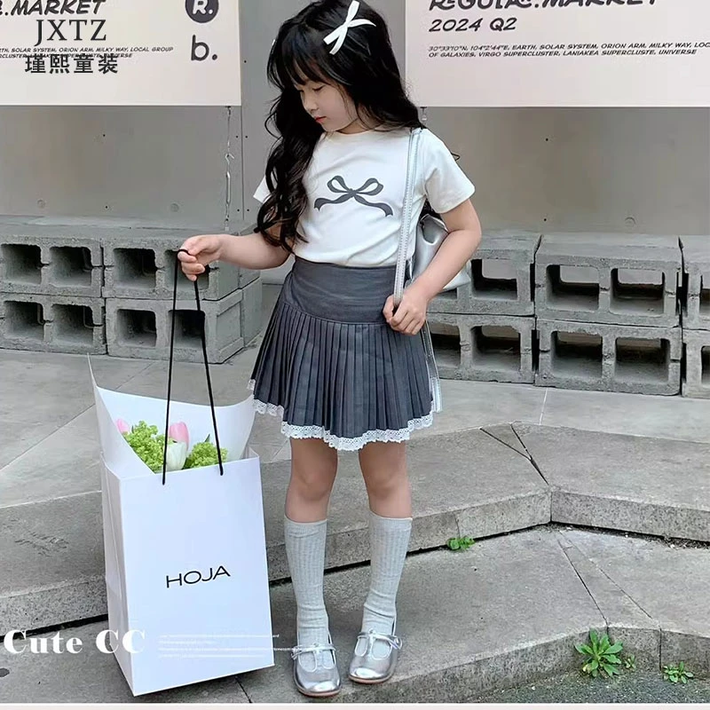 2024女童夏装休闲短袖套装宝宝蝴蝶结T恤灰色时尚公主休闲套装