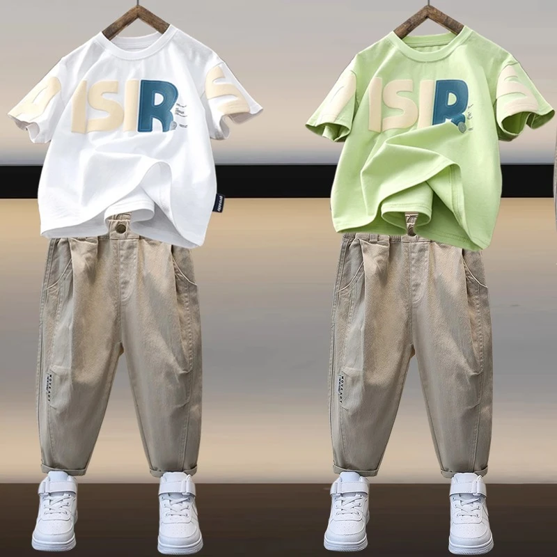 男童夏装套装2024新款中大童时尚男孩休闲短袖T恤宽松速干裤两件