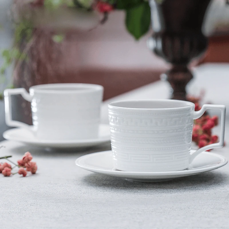 浮雕咖啡杯意式骨瓷杯子陶瓷杯碟欧式挂耳咖啡杯套装手工纯白色