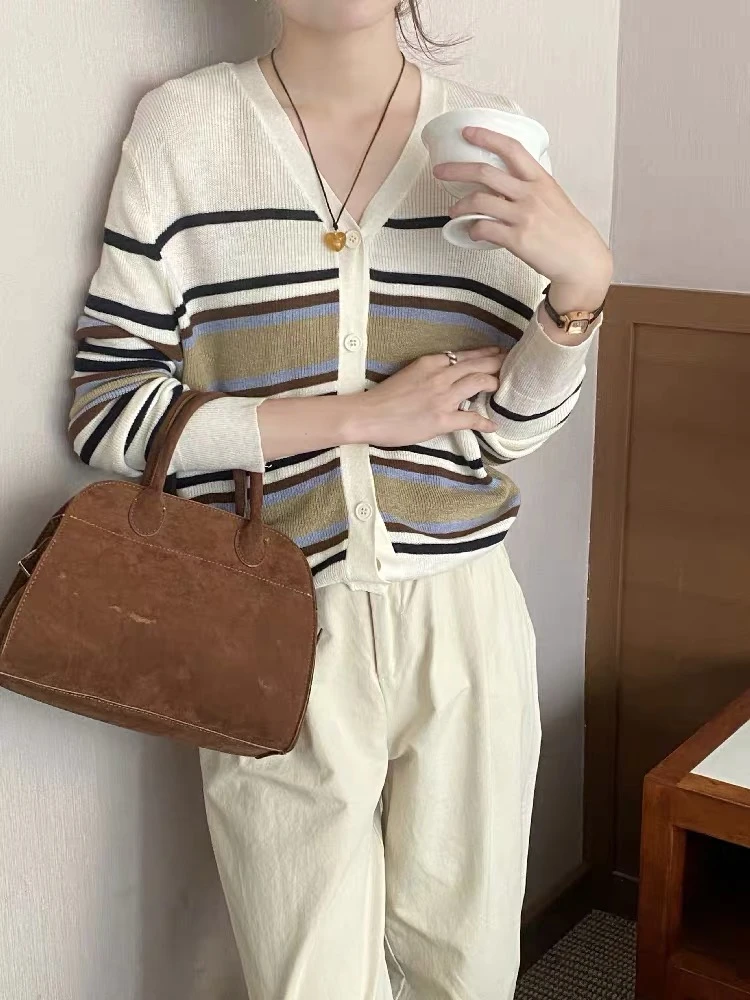 【大轩丽】春秋季新款韩版简约条纹百搭V领针织开衫F0843