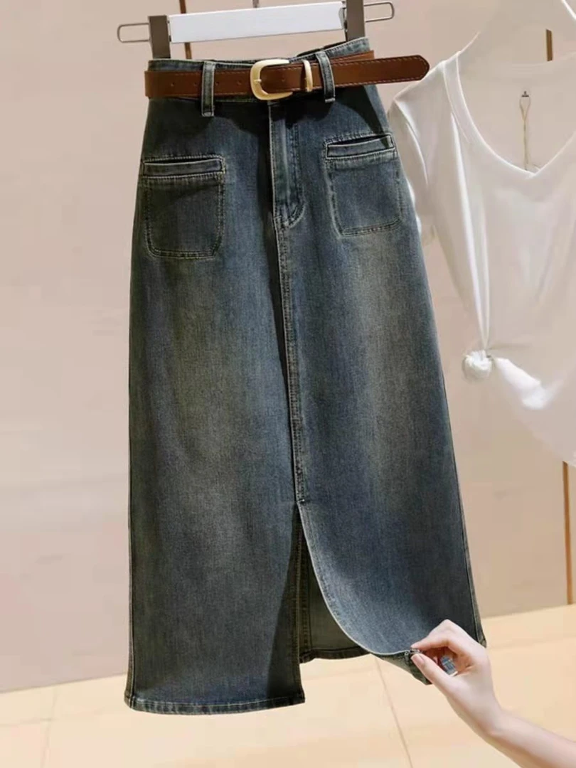 【大轩丽】加绒牛仔半身裙女冬季新款复古开叉高腰长裙K2300344