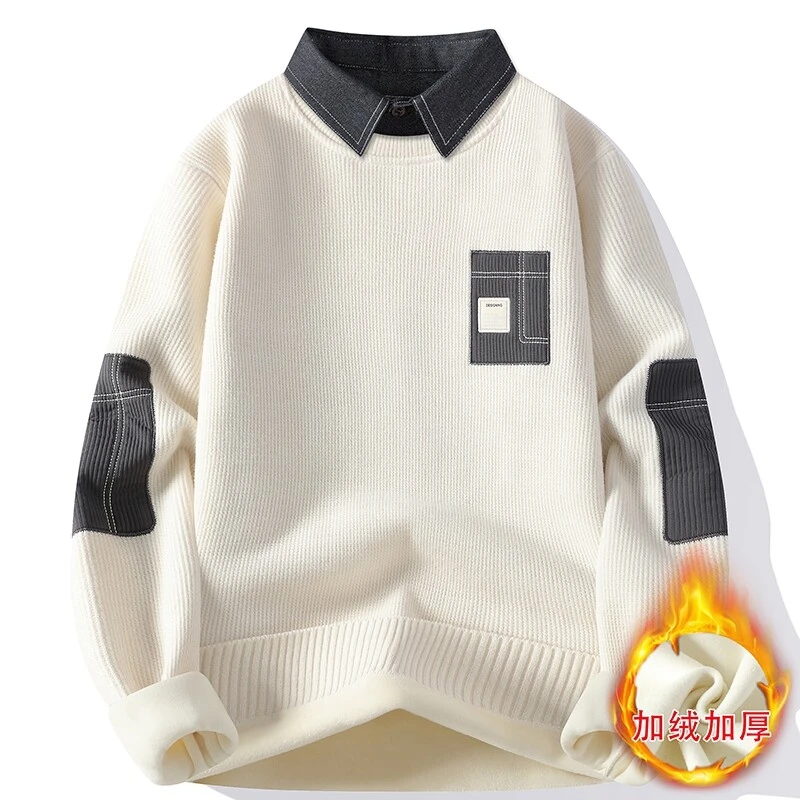 一体绒毛衣男秋冬季潮牌青年拼色假两件休闲保暖衬衫领针织衫内衣