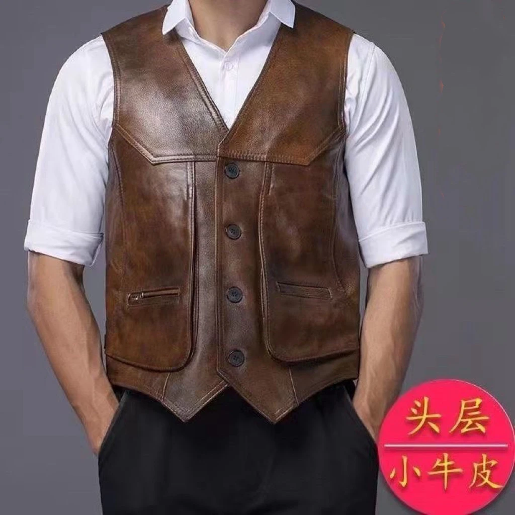 中老年真皮马甲男士多口袋头层牛皮复古修身马夹背心西装款宽肩秋