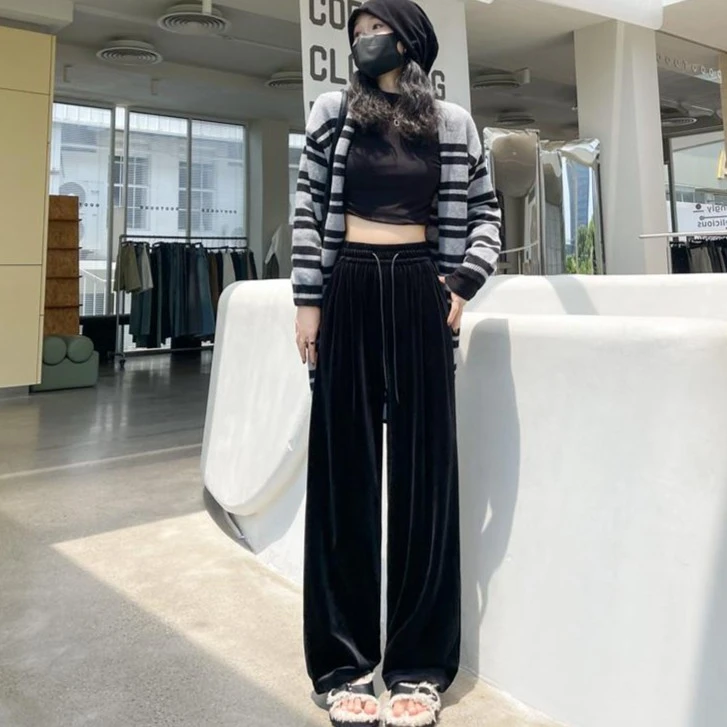 黑色窄版金丝绒阔腿裤子女新款春秋显瘦垂感直筒拖地裤女冬季