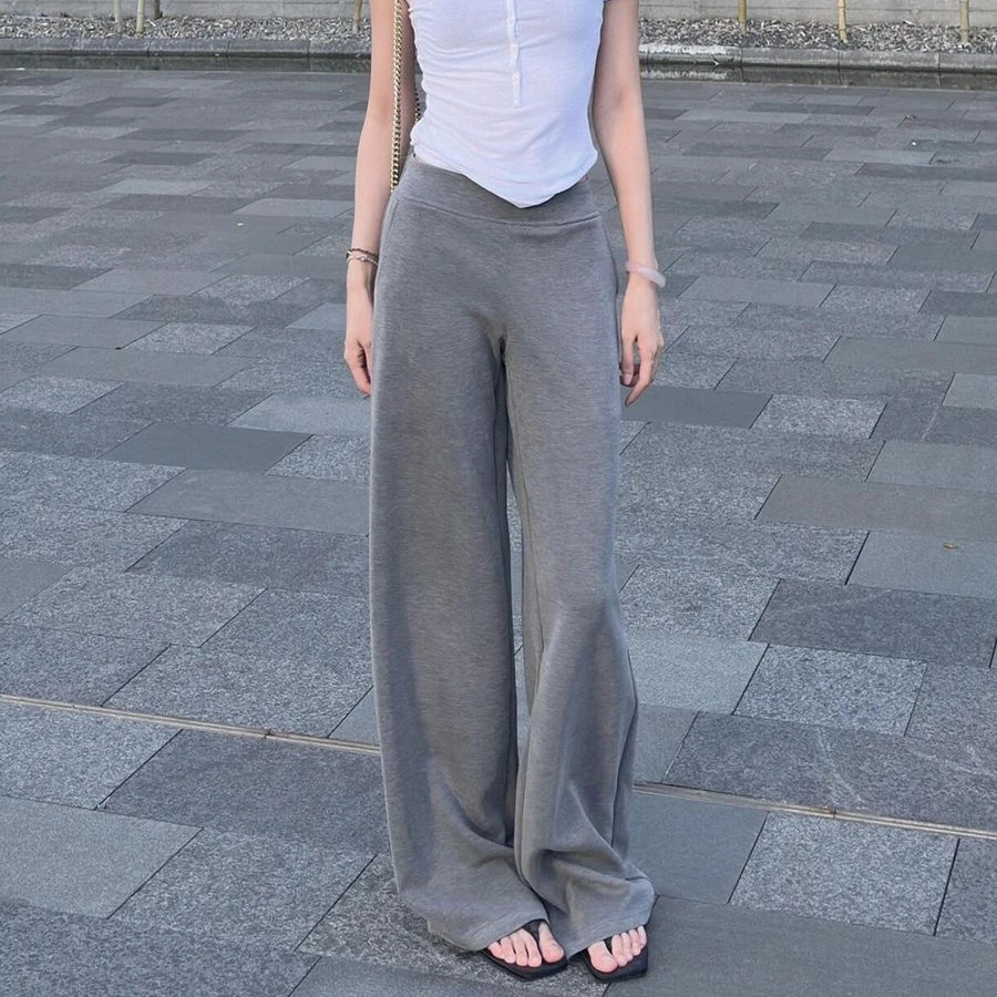 春秋灰色直筒阔腿拖地裤子高腰宽松显瘦黑色拼接冬季休闲运动裤女