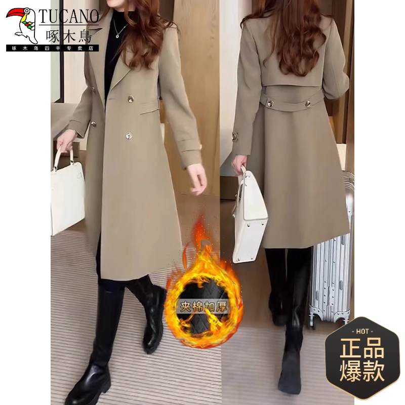 2025年新款夹加棉保暖风衣外套女加厚春秋冬季收腰显瘦中长款大衣