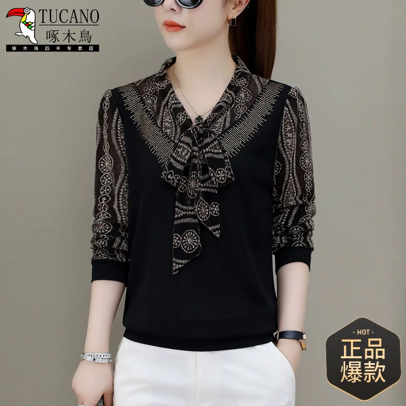 中年妈妈长袖打底衫女春秋季V领显瘦雪纺衬衫蝴蝶结洋气质T恤小衫