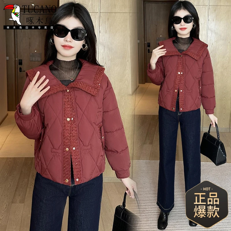 小香风短款高档棉衣女2024冬季新款洋气娃娃领小个子保暖棉服外套