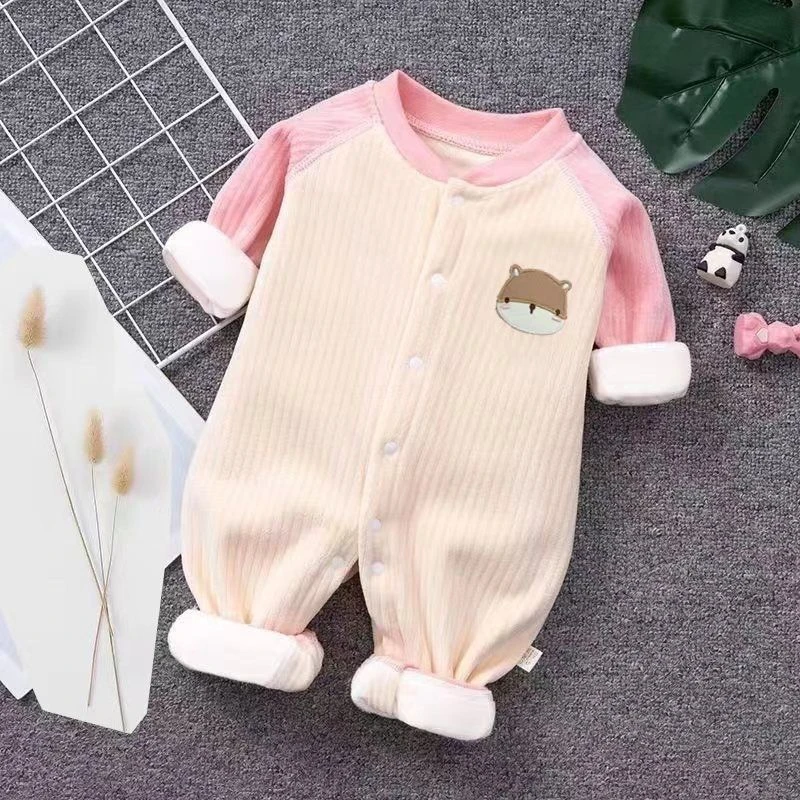 2023冬款加绒加厚男女宝宝可爱哈衣新生儿保暖衣外出爬服婴儿连体