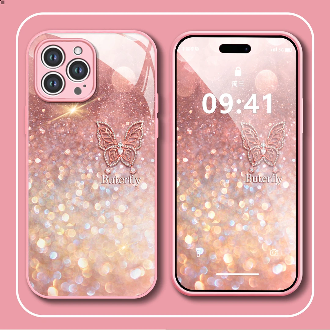 闪钻蝴蝶苹果15华为网红promax小众oppovivo玻璃全包手机壳女款