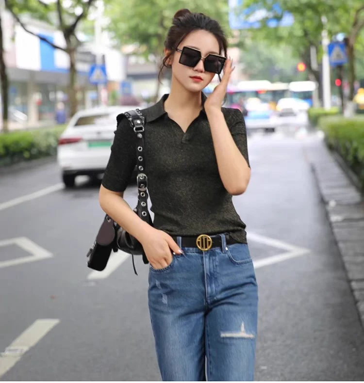 【商场同款】2024夏新款短袖针织衫显瘦亮丝半袖T恤衫女短款上衣