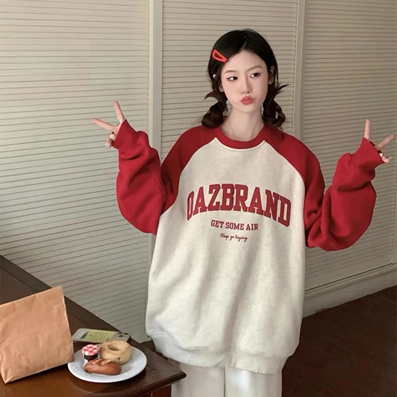 美式红色拼接圆领卫衣女春秋爆款2025新款内搭慵懒风显瘦上衣即墨