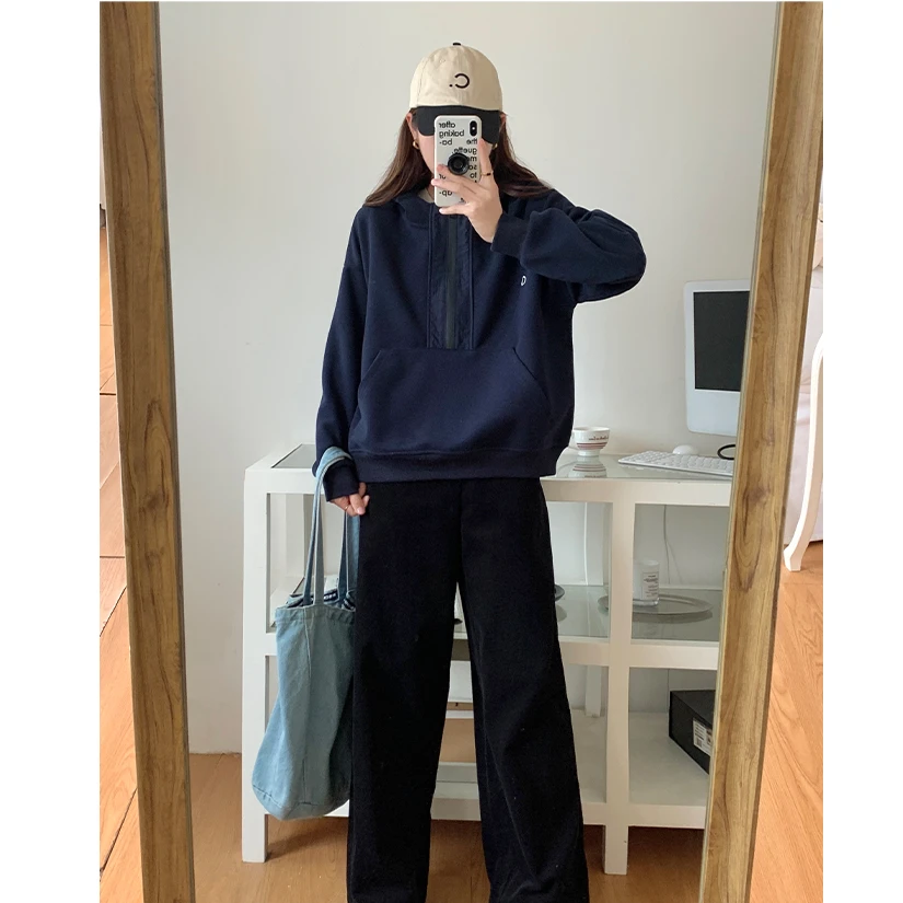 藏青色宽松半拉链连帽卫衣女秋季爆款2025新款小个子上衣山东即墨