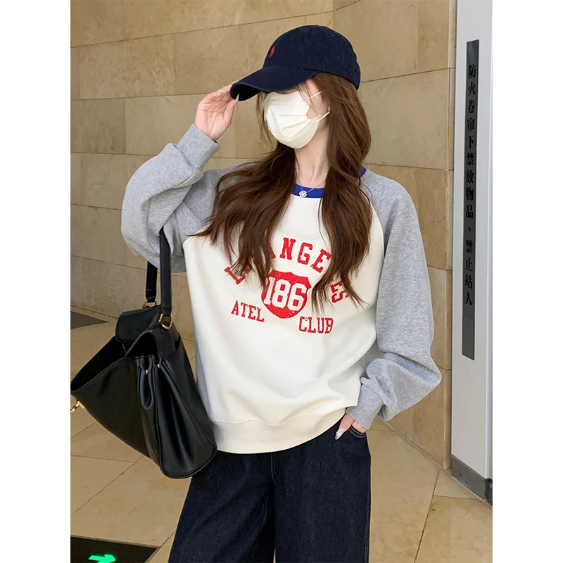 春季白色拼接宽松长袖圆领卫衣女款春秋爆款2025新款薄款上衣即墨