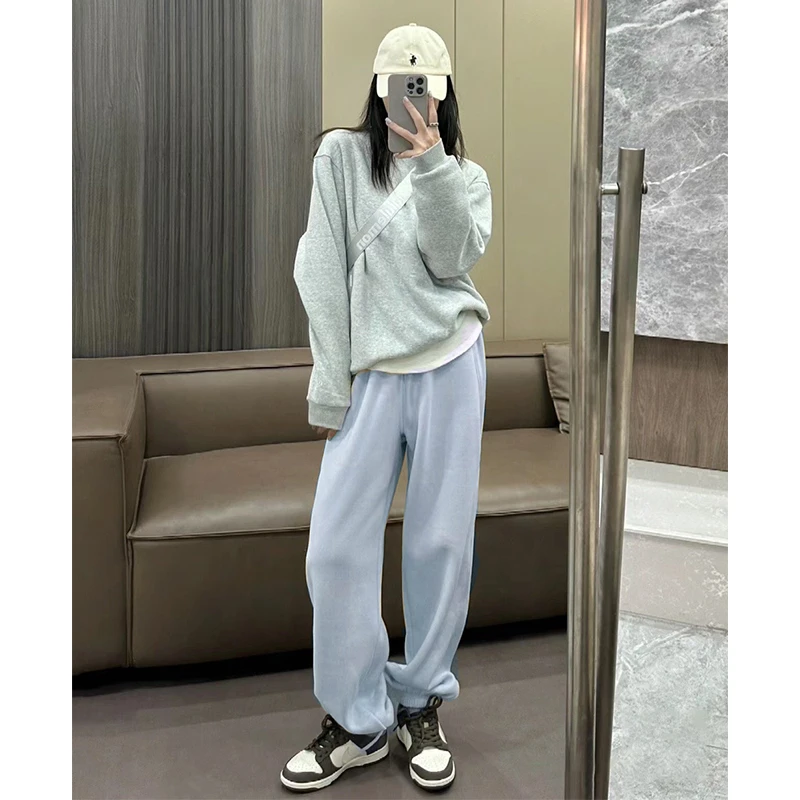 蓝色宽松显瘦运动卫裤女春秋爆款2025新款百搭束脚裤子垂感休闲裤