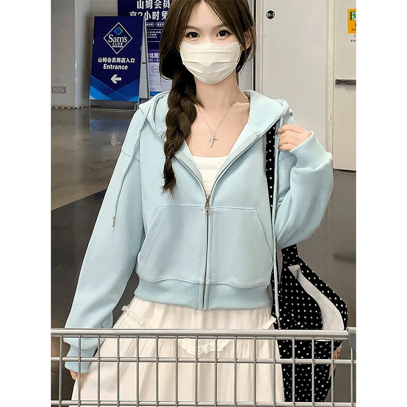 蓝色宽松连帽拉链长袖卫衣外套女春秋爆款2025新款小个子上衣即墨