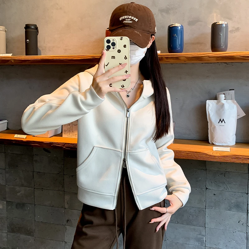 白色双拉链宽松连帽卫衣外套女春秋爆款2025新款休闲拉链上衣即墨