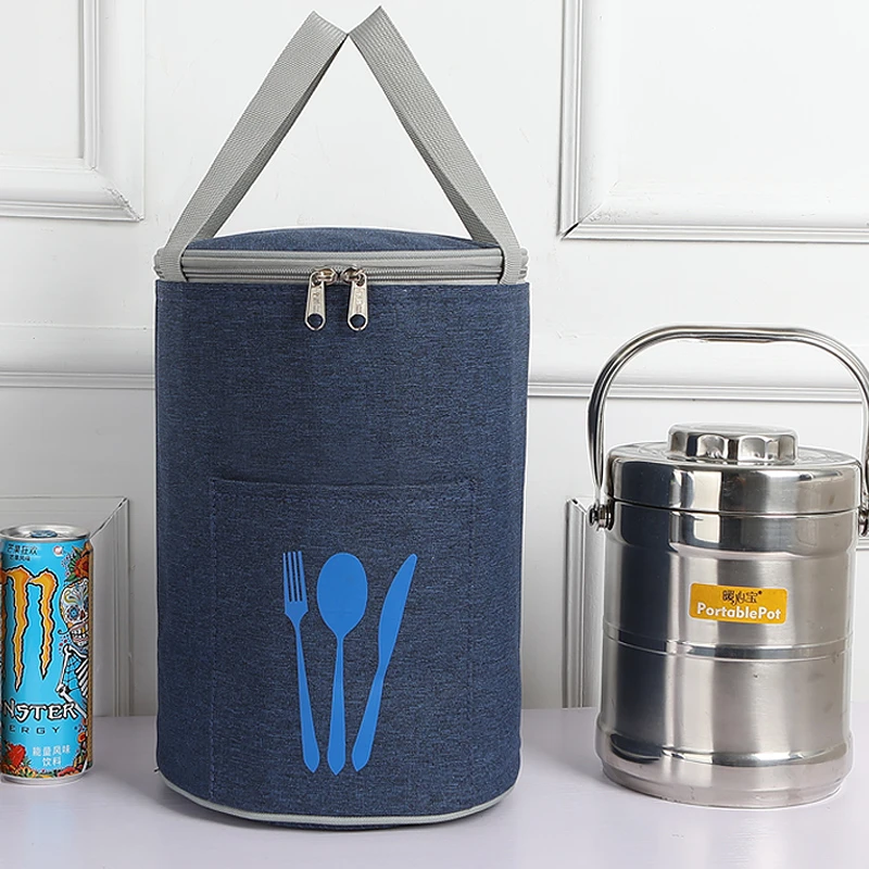 保温饭盒袋圆桶铝箔上班便当包学生手提防水纯色牛津布保温保冷袋
