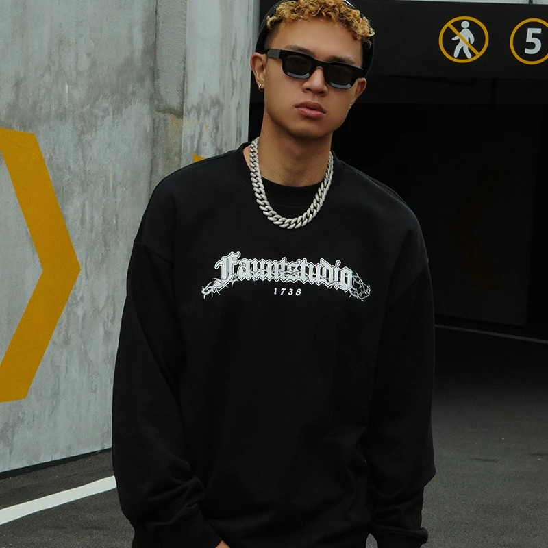 潮牌圆领无帽美式重磅长袖卫衣男秋冬季欧美款hiphop潮流2023新款