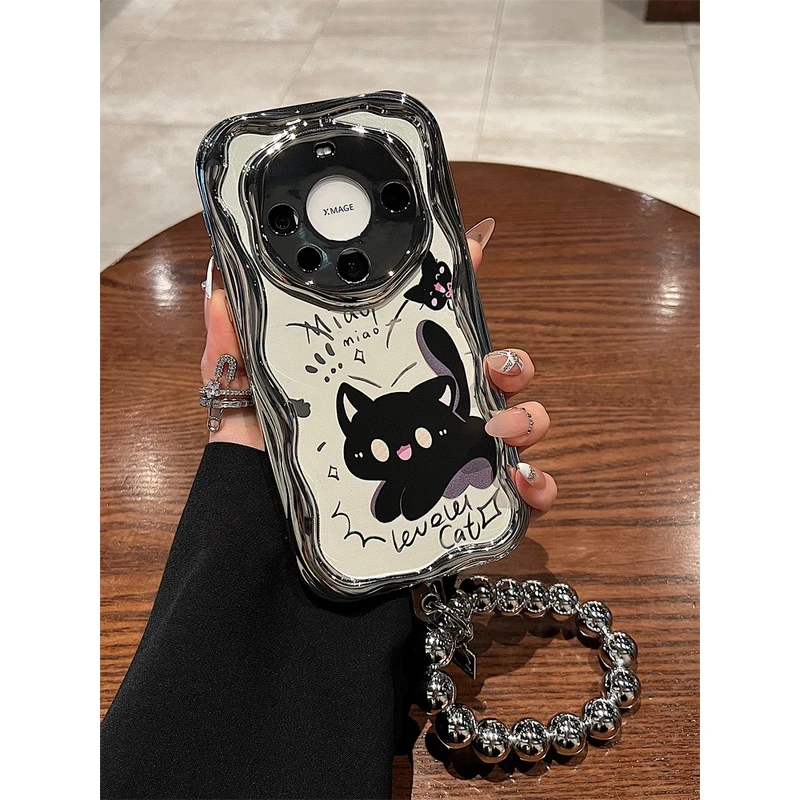 华为mate60pro+手机壳p60/70pro电镀卡通黑色猫咪40/50p荣耀90女