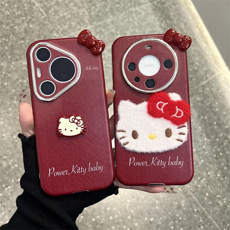 适用华为mate60pro+手机壳红色毛绒Kitty猫pura70pro+立体蝴蝶结