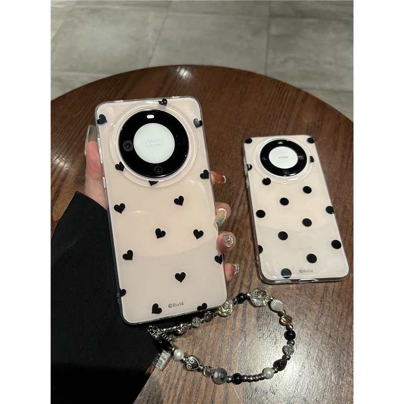 华为mate60pro+手机壳p60pro简约小爱心40/50pro奶茶色波点链条女