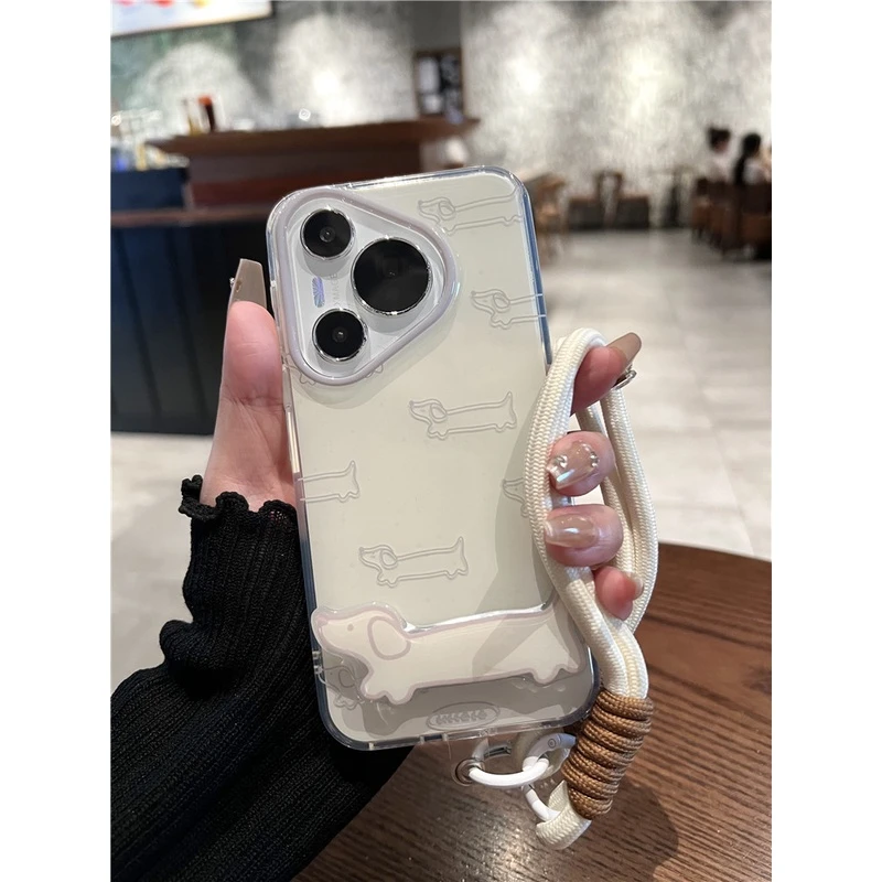 适用华为pura70pro+手机壳mate60pro+日韩奶白多只腊肠狗折叠支架