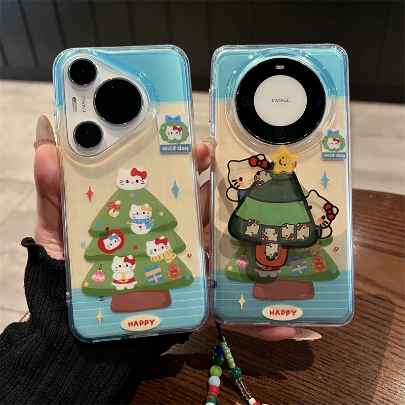 适用华为mate60pro+手机壳拼接圣诞树kitty猫咪pura70pro旋转支架