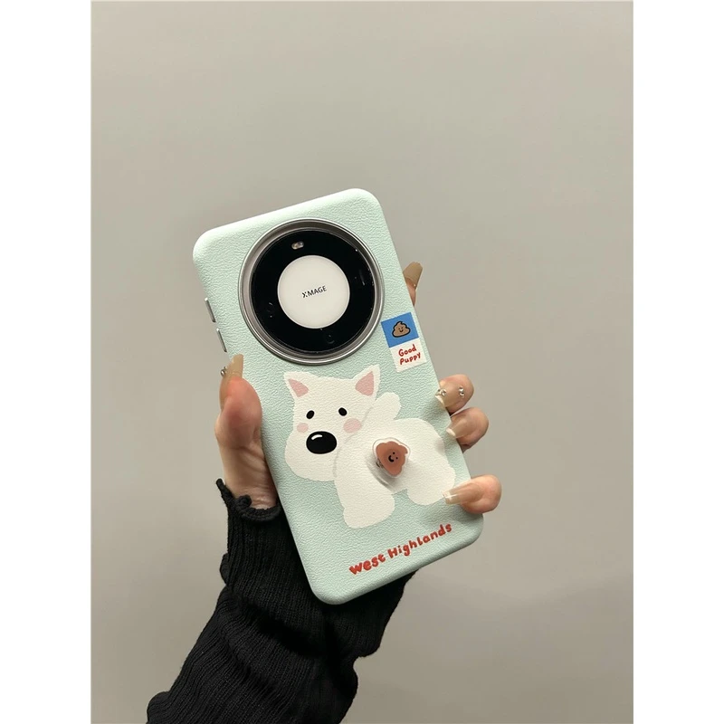 适用华为mate60pro+新款手机壳卡通皮质腊肠狗旋转便便pura70pro+