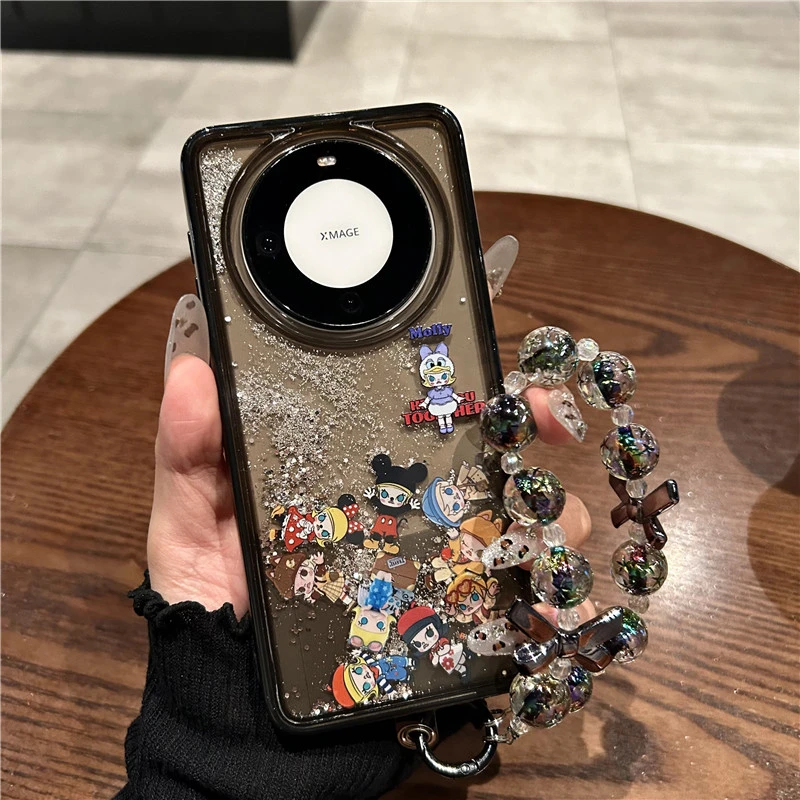 适用华为pura70pro+手机壳mate60pro+流沙闪粉小怪兽透黑链条女款